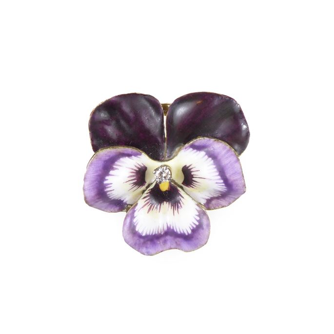 Early 20th century violet and white enamel, pearl and 14ct gold pansy brooch | MasterArt